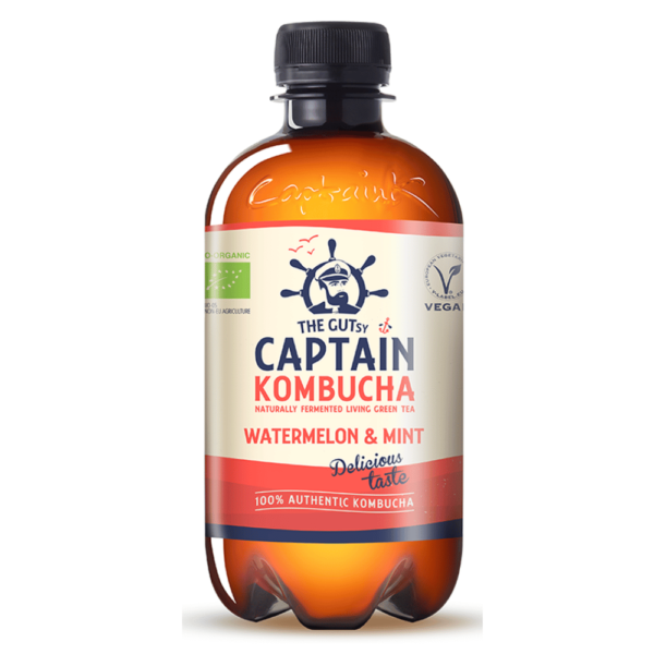 Captain Kombucha bottle, with a vegan template, arbuusi ja mindi maitseline Captain Kombucha, vegan