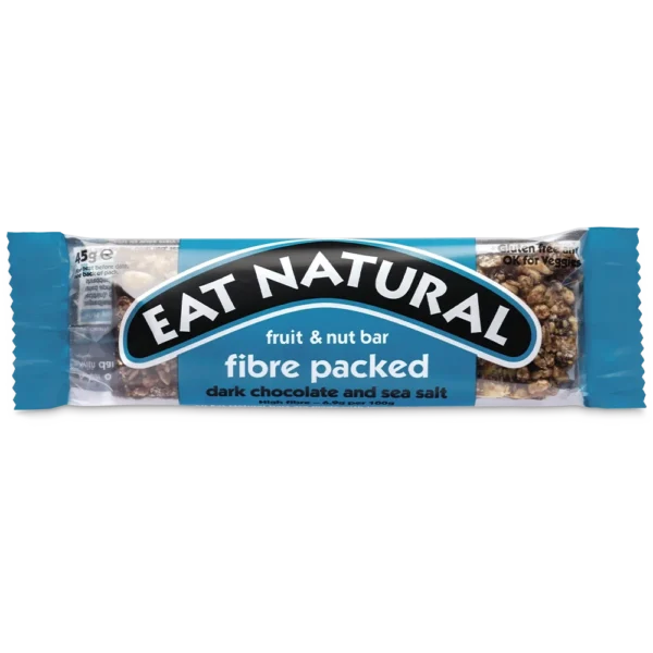 EAT NATURAL Batoon Fibre Packed tumeda šokolaadi ja meresoolaga, kiudainerikas, tervislik, batoon, shokolaadibatoon, müslibatoon