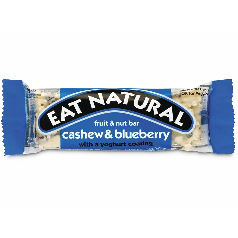 EAT NATURAL Batoon India pähklite, mustikate ning jogurtiglasuuriga, kiudainerikas, tervislik, batoon, shokolaadibatoon, müslibatoon, jogurtibatoon